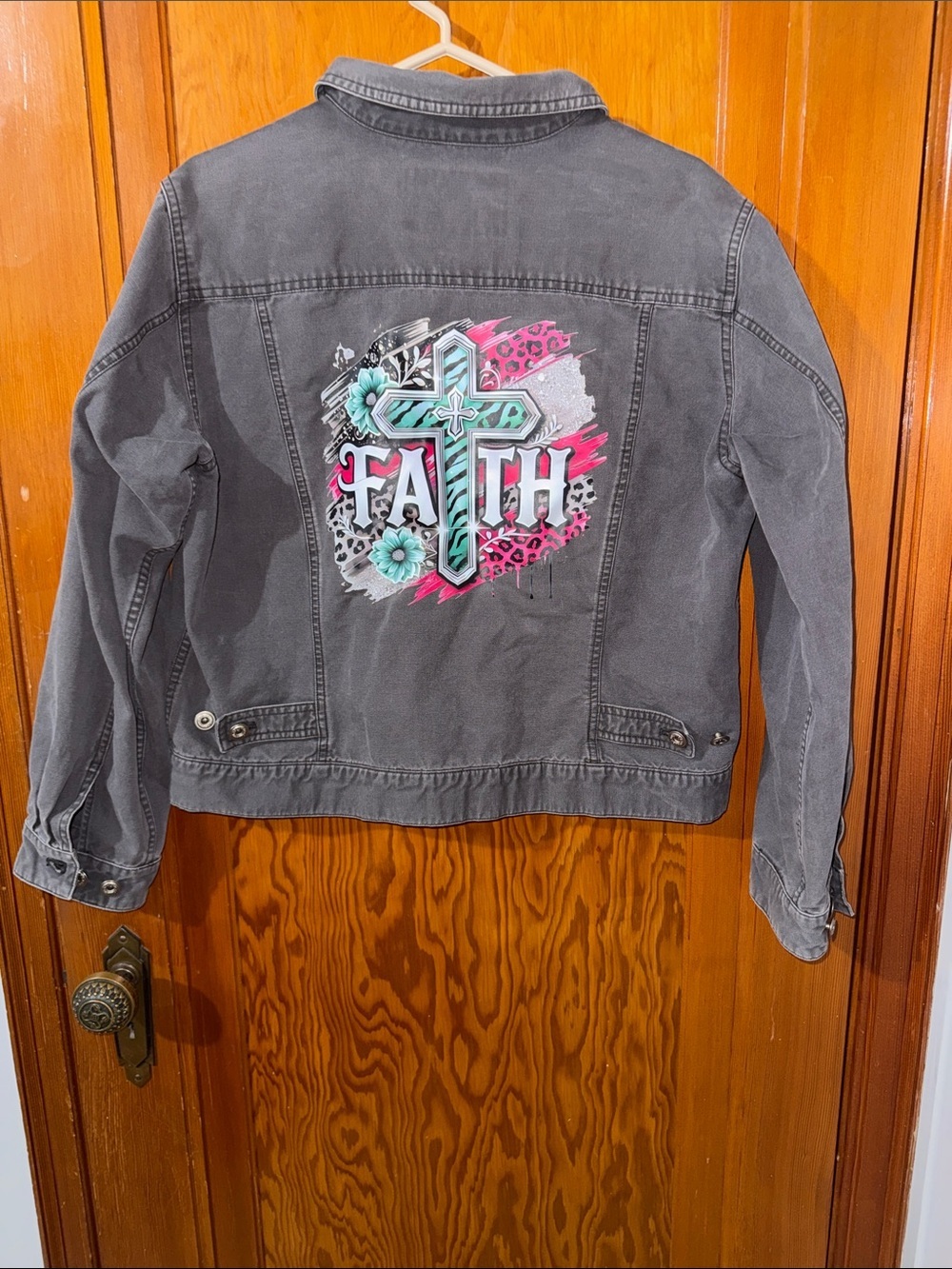 Faith Graphic Gray Denim Jacket with Teal Cross and Pink Accents